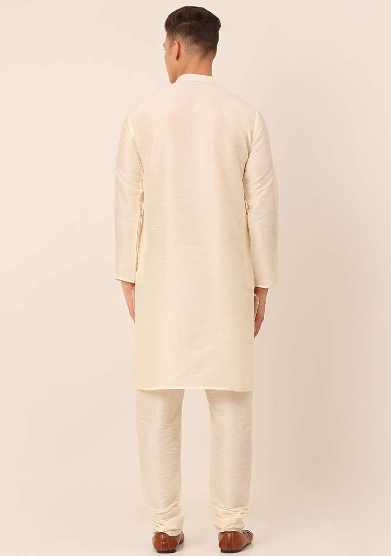 Cream Embroidered Silk Blend Kurta Set - Indya