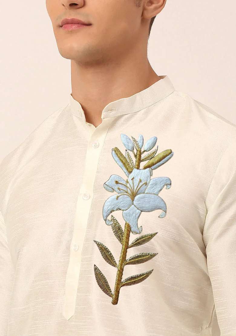 Cream Embroidered Silk Blend Kurta Set - Indya