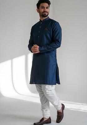 Navy Embroidered Silk Kurta Set