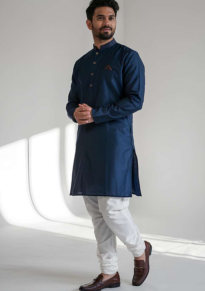 Navy Embroidered Silk Blend Kurta Set - Indya