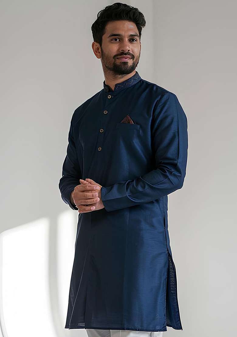 Navy Embroidered Silk Blend Kurta Set - Indya