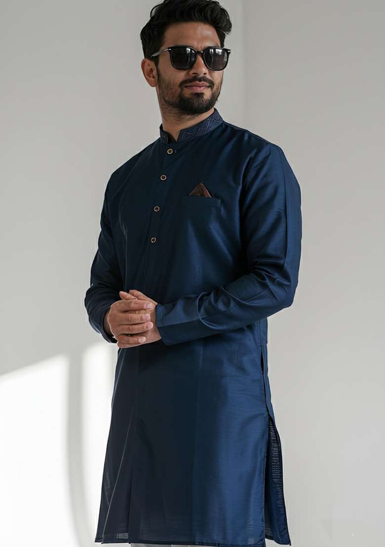 Navy Embroidered Silk Blend Kurta - Indya