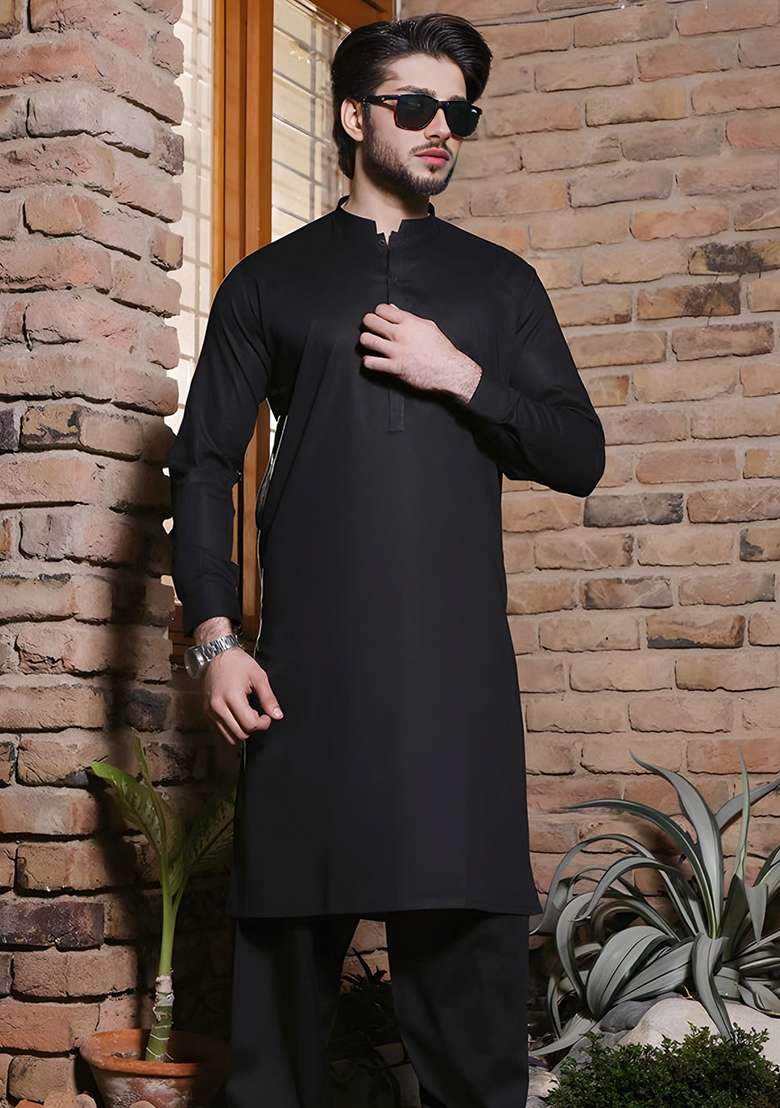 Black Embroidered Cotton Kurta Set - Indya