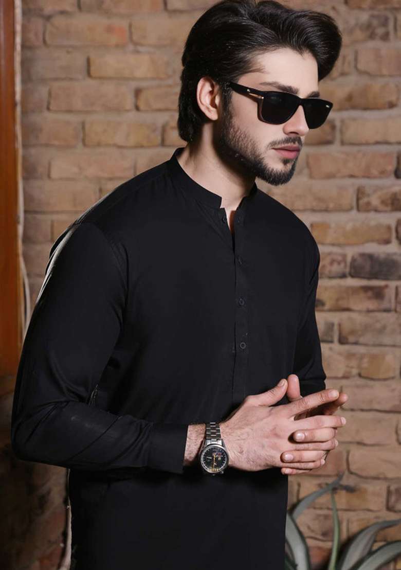 Black Embroidered Cotton Kurta Set - Indya