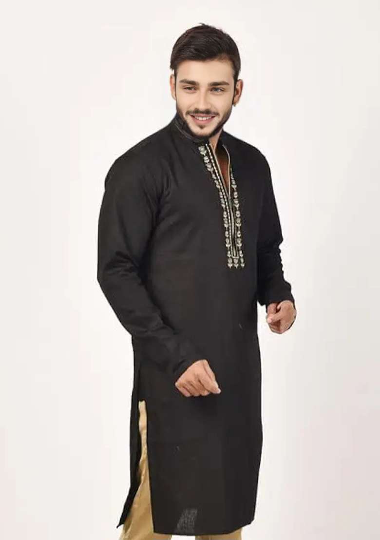 Black Embroidered Cotton Kurta - Indya