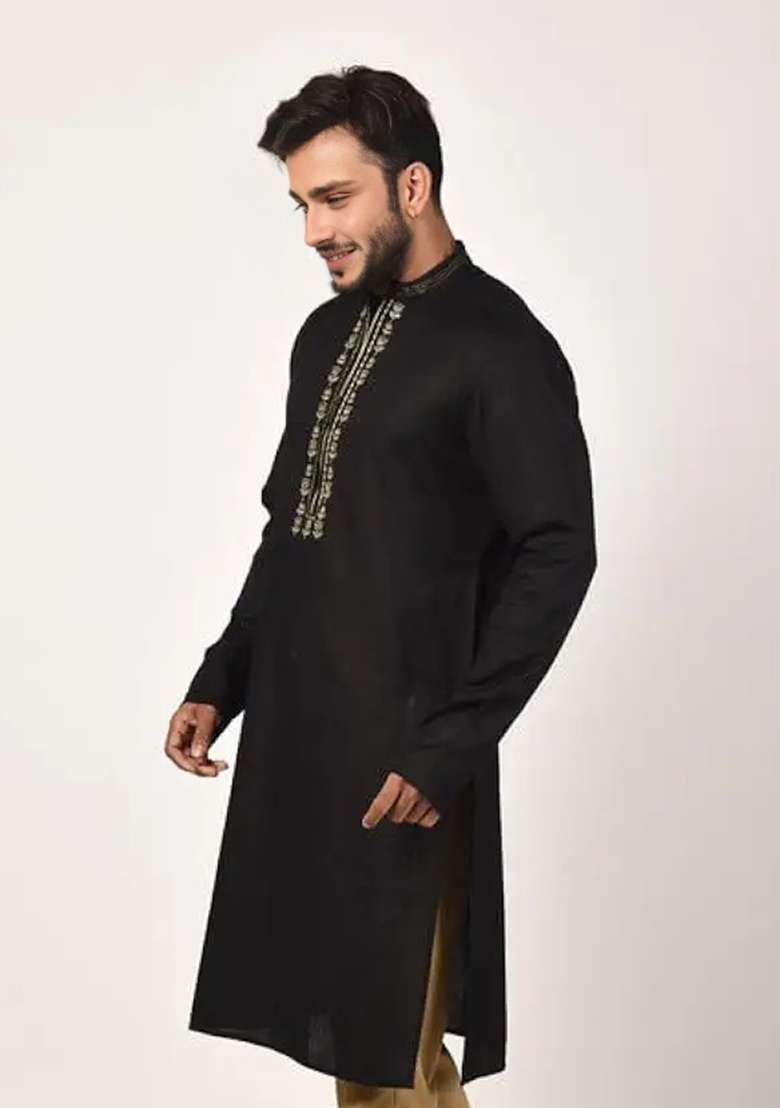 Black Embroidered Cotton Kurta - Indya