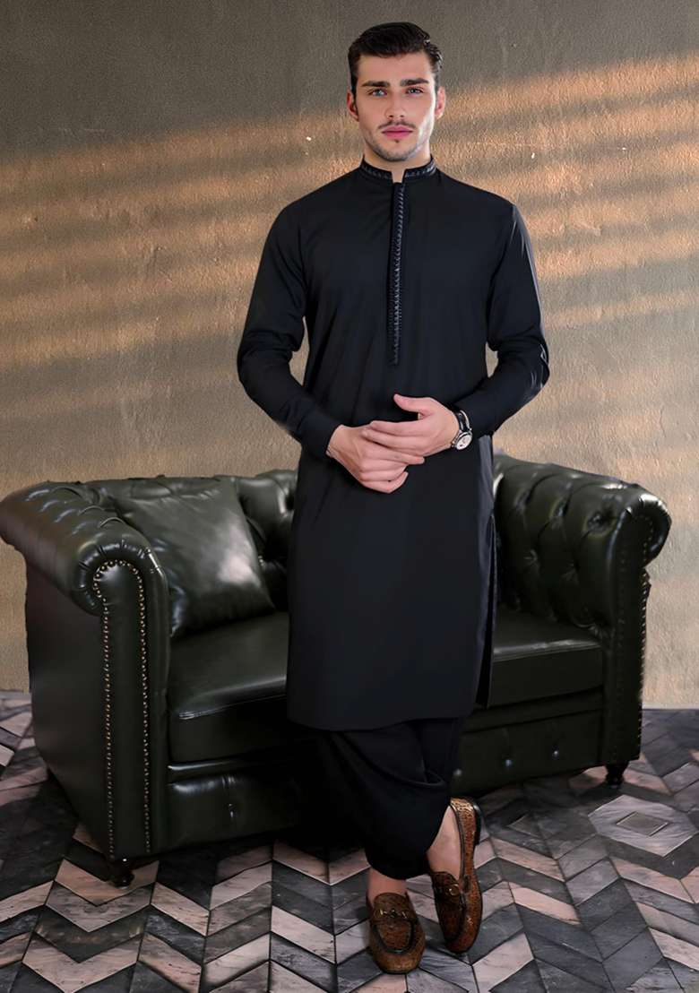Black Embroidered Cotton Kurta Set - Indya