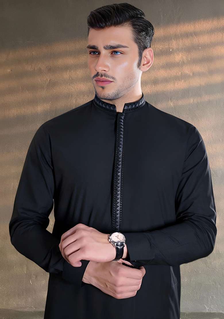 Black Embroidered Cotton Kurta Set - Indya