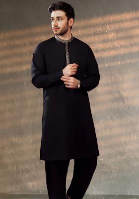 Black Embroidered Cotton Kurta Set