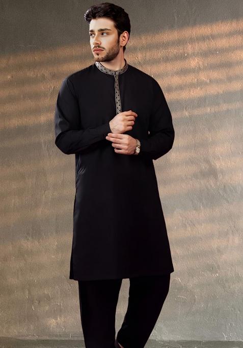Black Embroidered Cotton Kurta Set