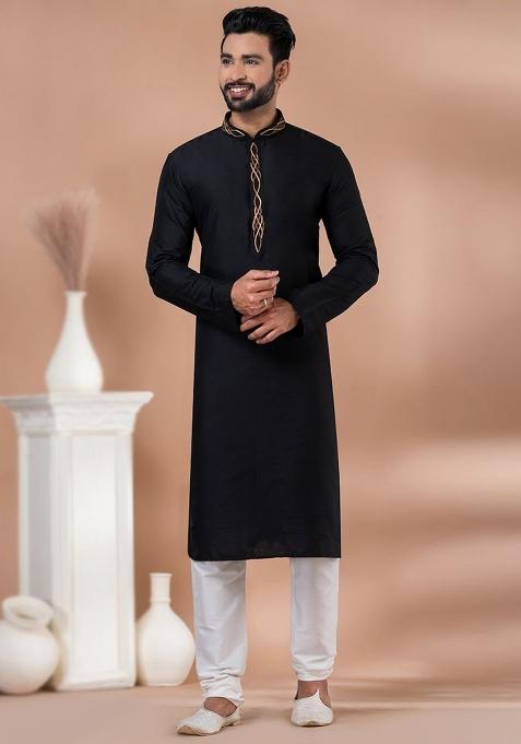 Black Embroidered Cotton Kurta Set