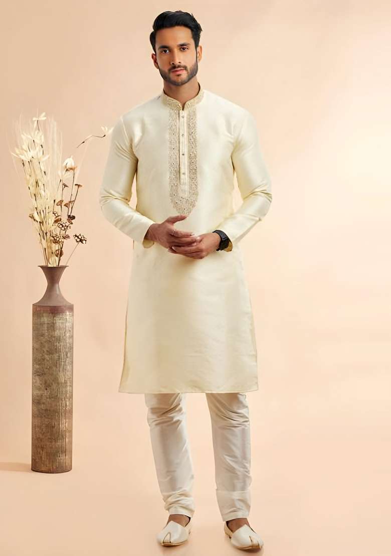 Cream Embroidered Silk Blend Kurta Set - Indya