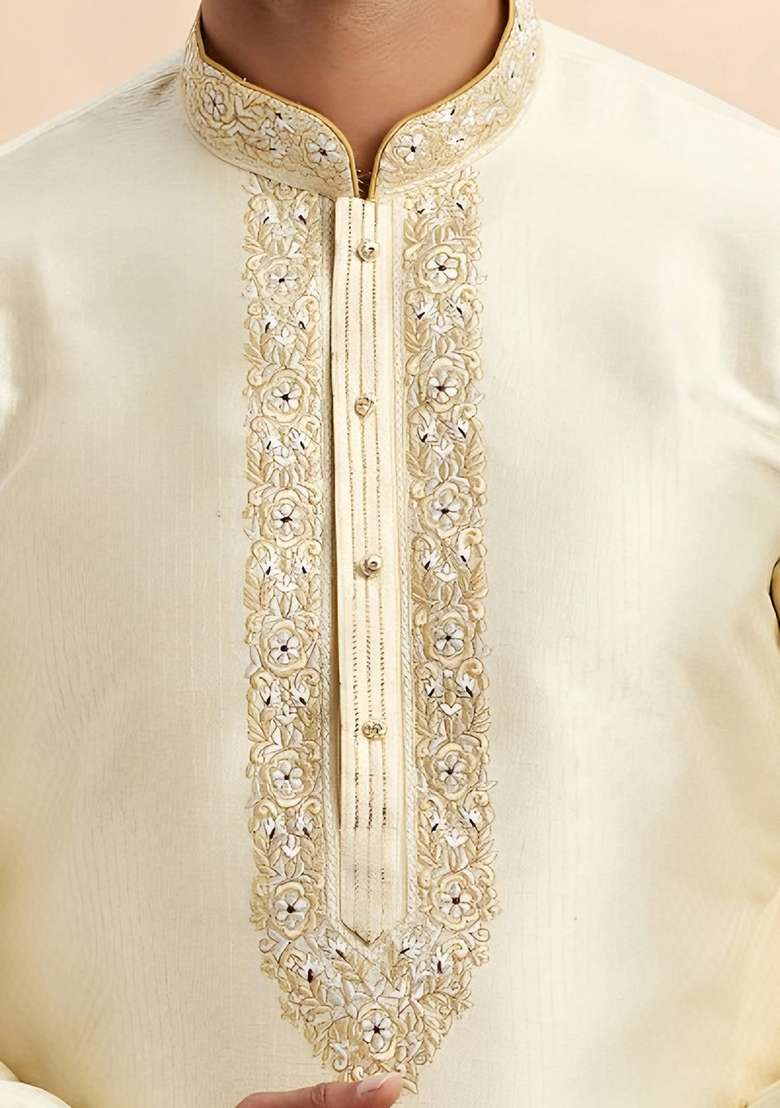 Cream Embroidered Silk Blend Kurta Set - Indya