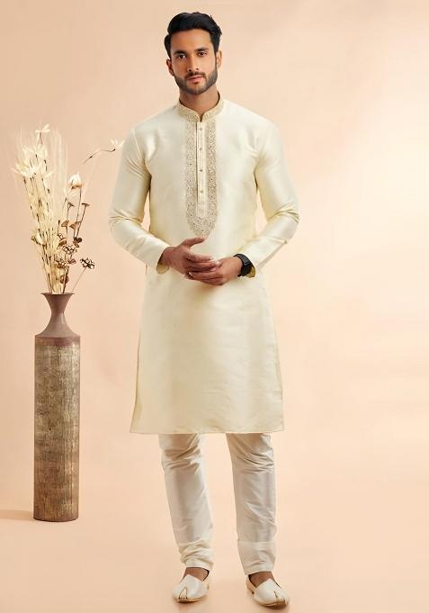 Cream Embroidered Silk Kurta Set
