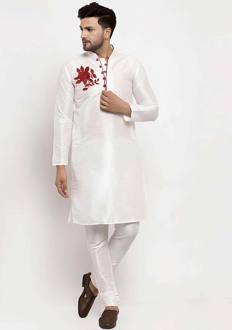 White Embroidered Silk Blend Kurta Set - Indya