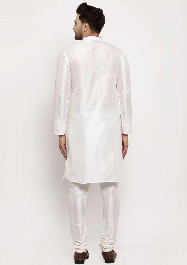 White Embroidered Silk Blend Kurta Set - Indya