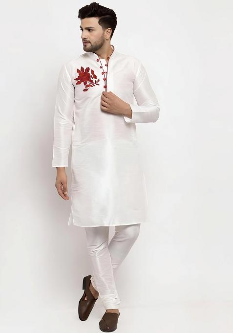 White Embroidered Silk Kurta Set