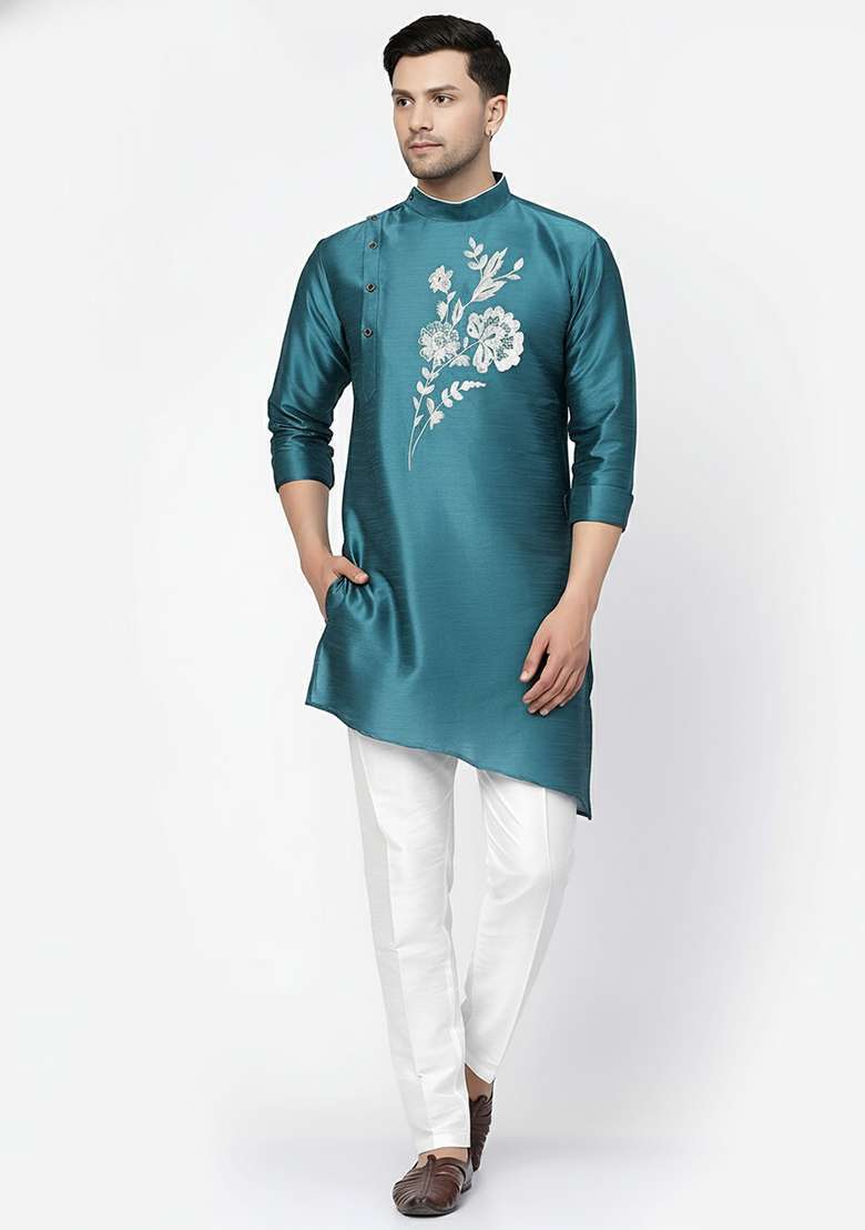 Sea Green Embroidered Silk Blend Kurta Set - Indya