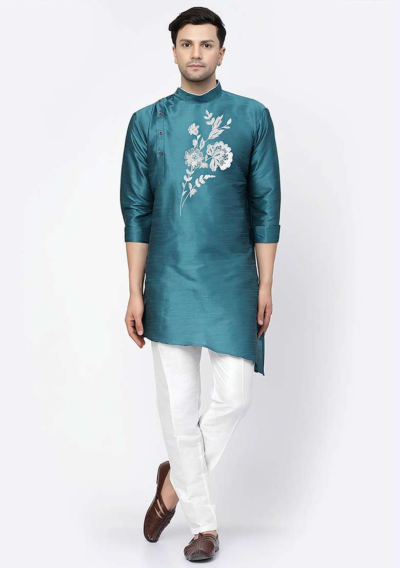 Sea Green Embroidered Silk Blend Kurta Set - Indya
