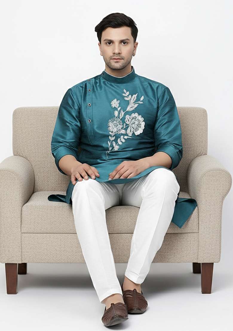 Sea Green Embroidered Silk Blend Kurta Set - Indya