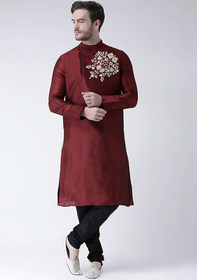 Maroon Embroidered Silk Blend Kurta Set - Indya