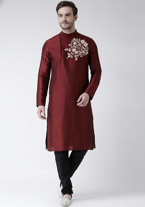 Maroon Embroidered Silk Kurta Set