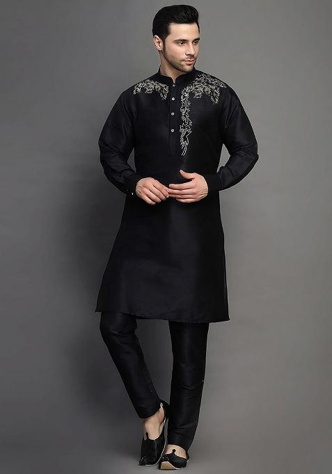 Black Embroidered Silk Kurta Set