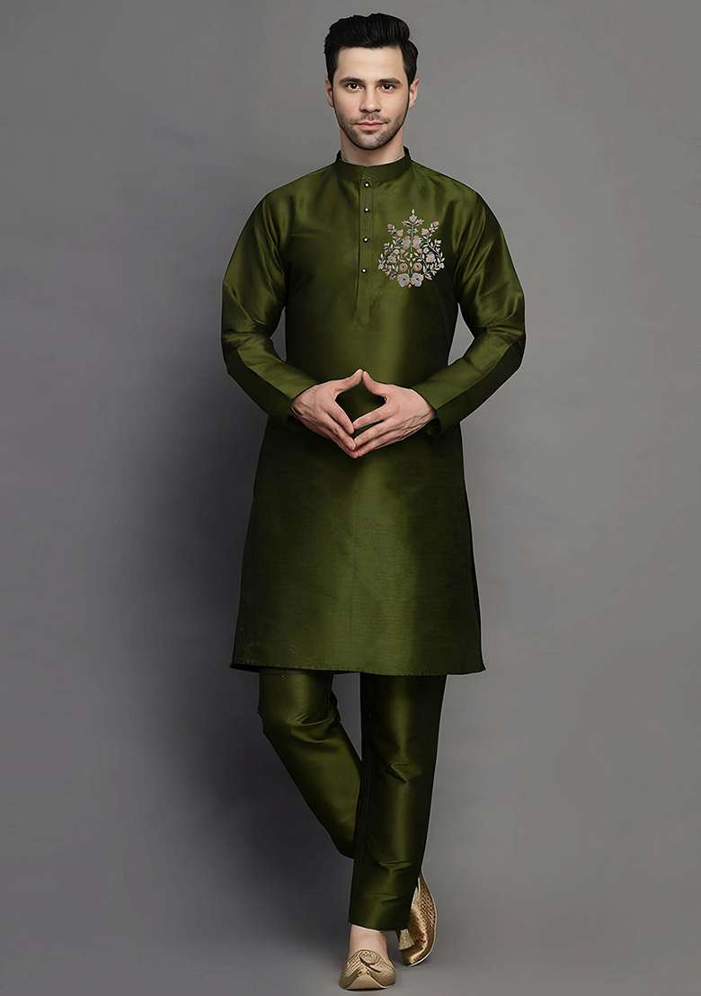 Mahendi Green Embroidered Silk Blend Kurta Set - Indya