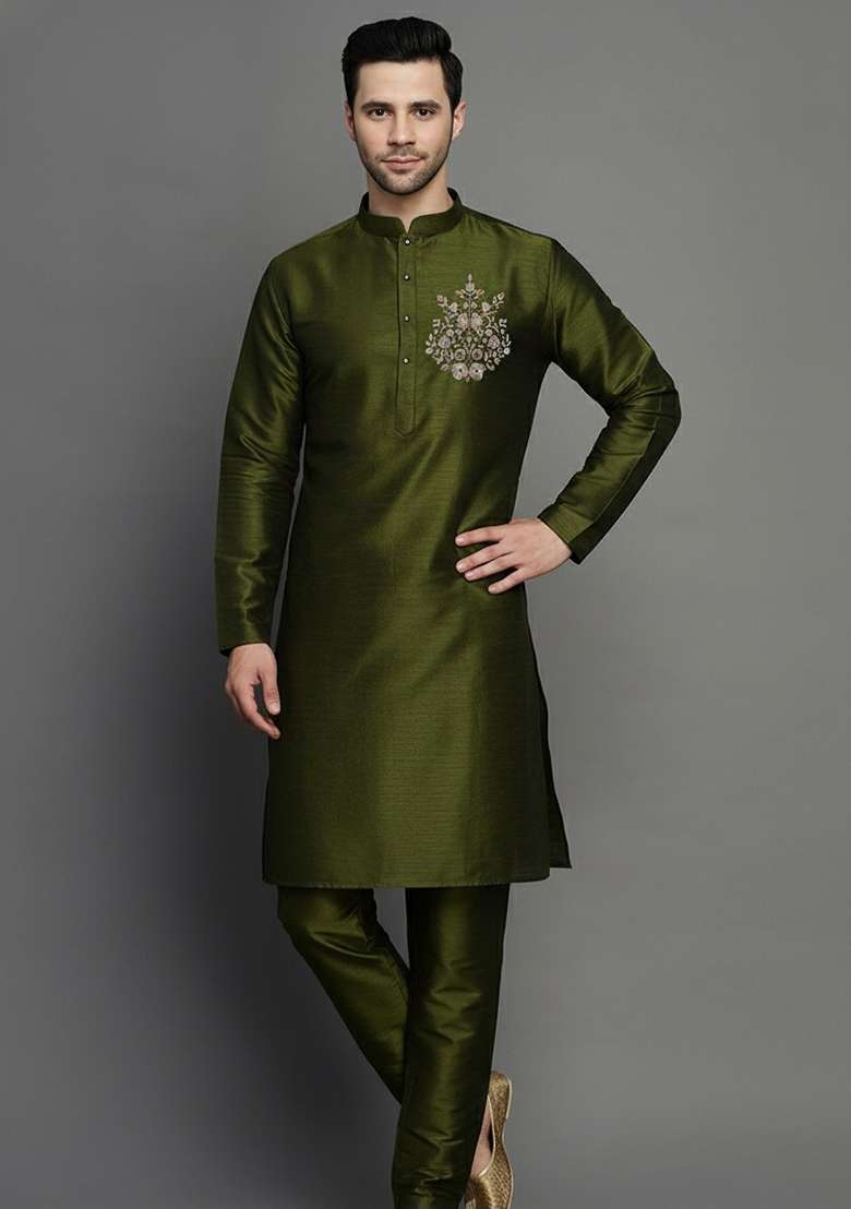 Mahendi Green Embroidered Silk Blend Kurta Set - Indya