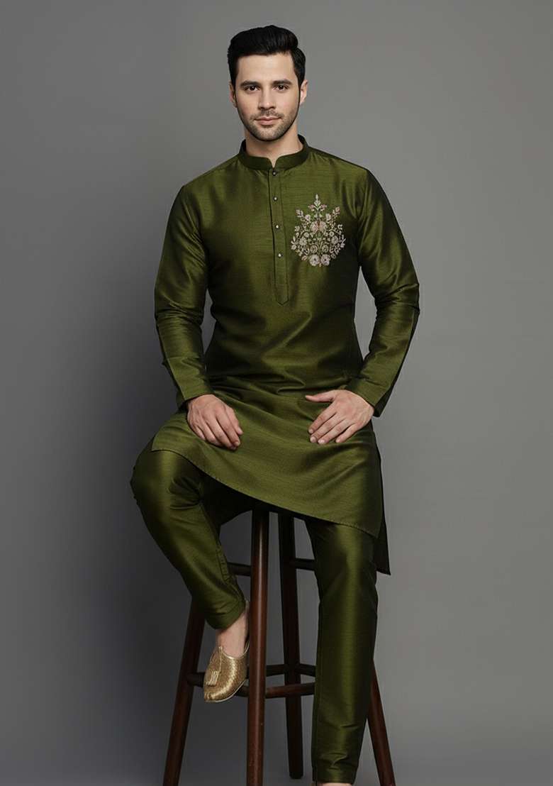 Mahendi Green Embroidered Silk Blend Kurta Set - Indya