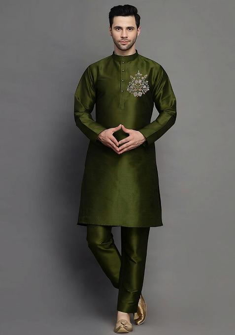 Mahendi Green Embroidered Silk Kurta Set