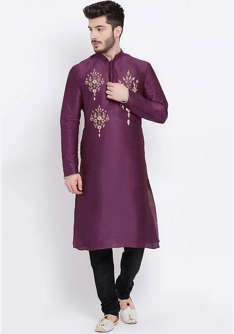 Purple Embroidered Silk Kurta Set