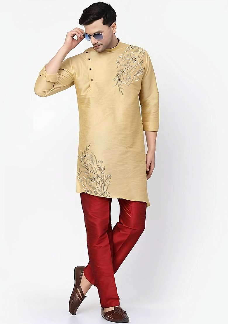 Light Golden Embroidered Silk Blend Kurta Set - Indya
