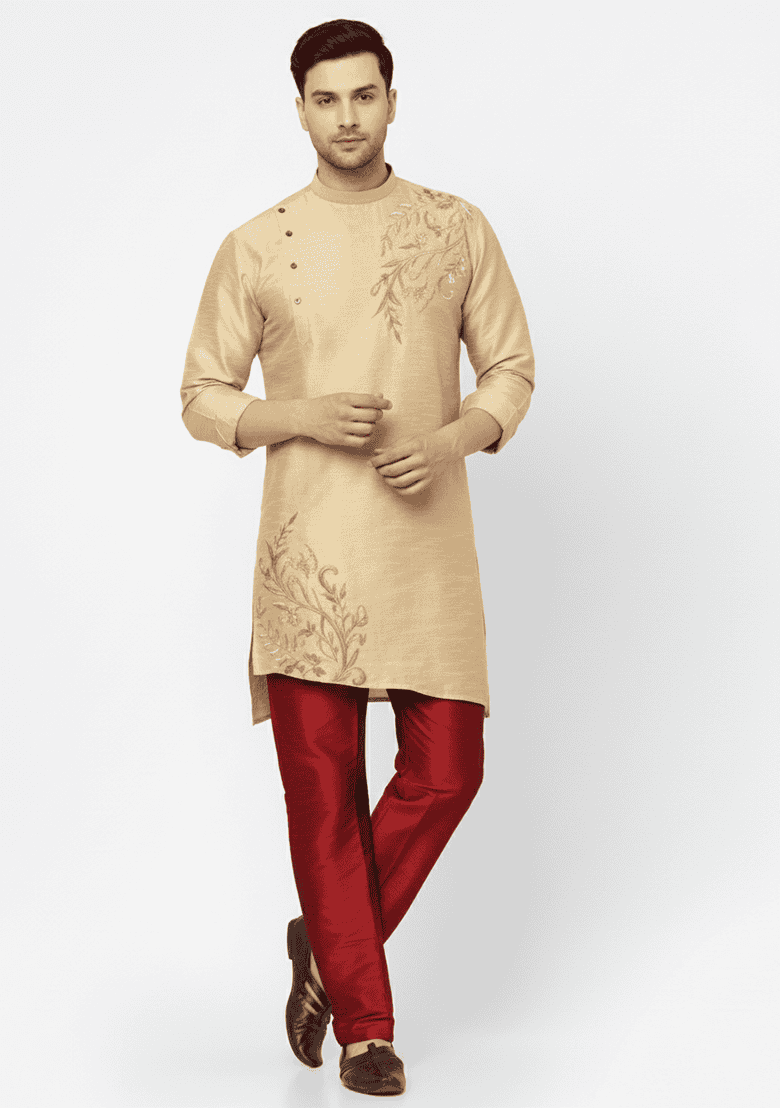 Light Golden Embroidered Silk Blend Kurta Set - Indya
