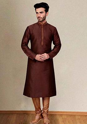Brown Embroidered Silk Blend Kurta Set