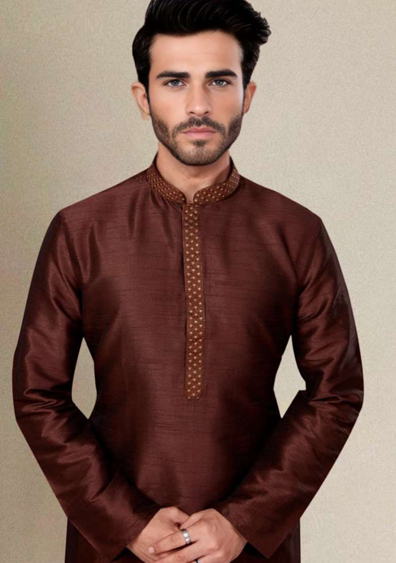 Brown Embroidered Silk Blend Kurta Set - Indya