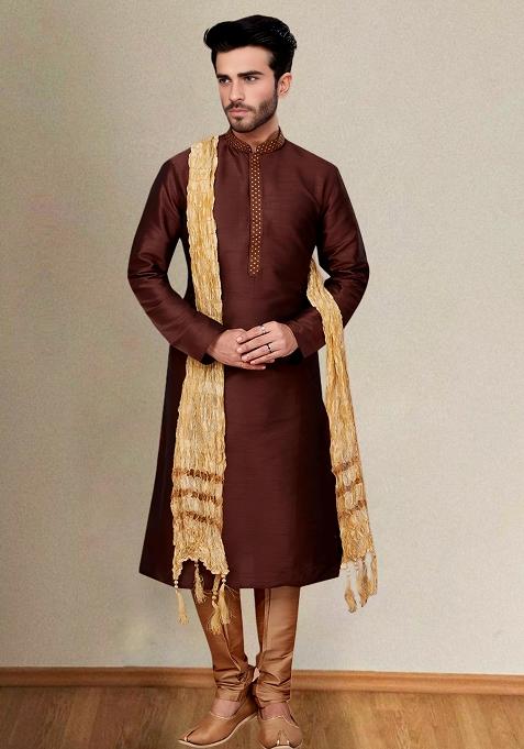Brown Embroidered Silk Kurta Set