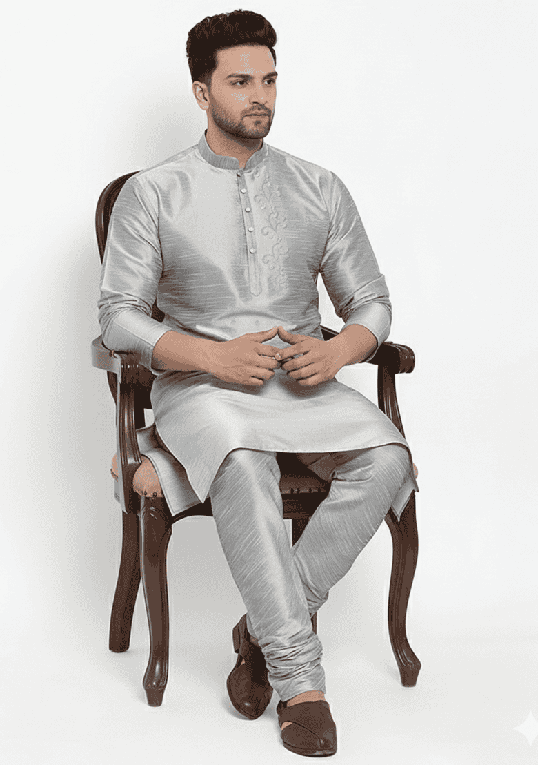 Grey Embroidered Silk Blend Kurta Set - Indya