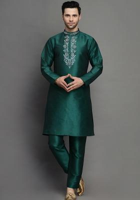 Bottle Green Embroidered Silk Kurta Set