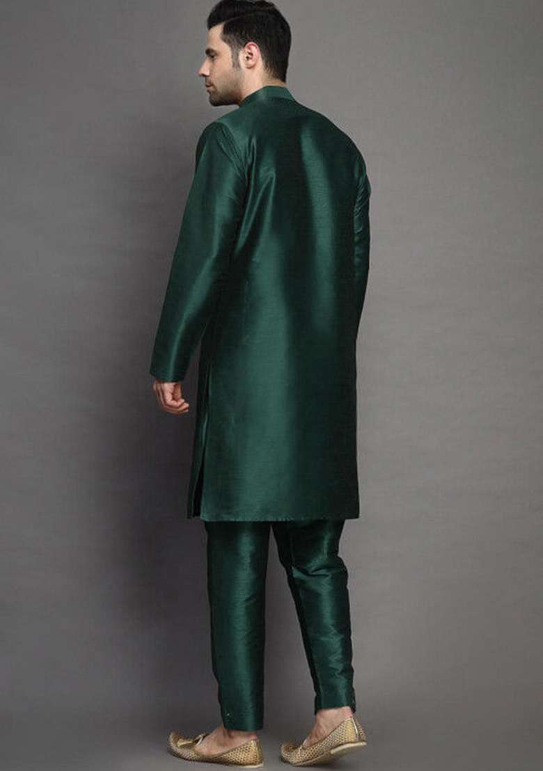 Bottle Green Embroidered Silk Blend Kurta Set - Indya