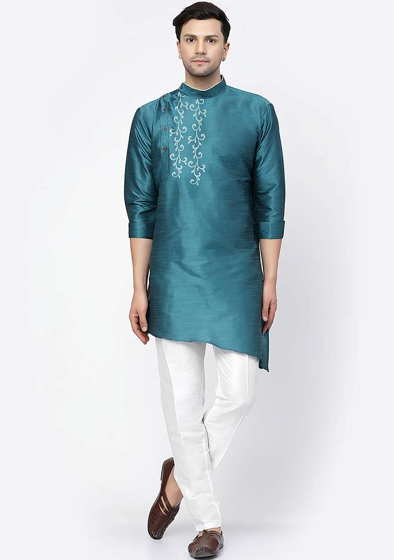 Sea Green Embroidered Silk Blend Kurta Set - Indya