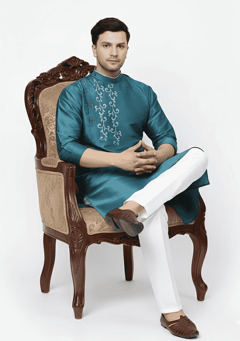 Sea Green Embroidered Silk Blend Kurta Set - Indya
