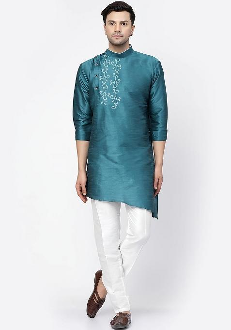 Sea Green Embroidered Silk Kurta Set