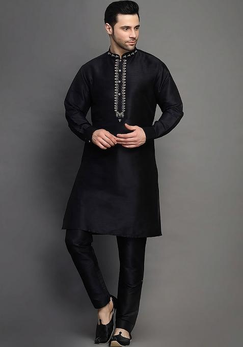 Black Embroidered Silk Kurta Set