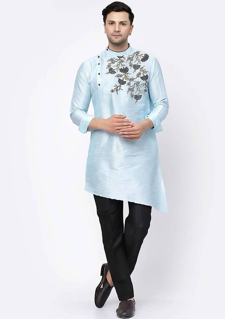 Light Blue Embroidered Silk Blend Kurta Set - Indya