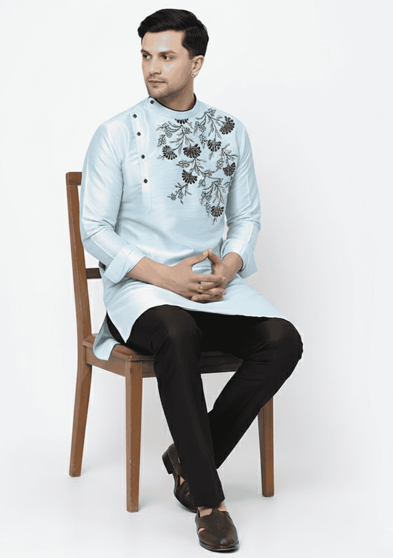 Light Blue Embroidered Silk Blend Kurta Set - Indya