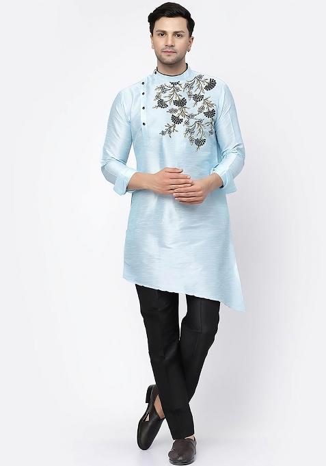 Light Blue Embroidered Silk Kurta Set