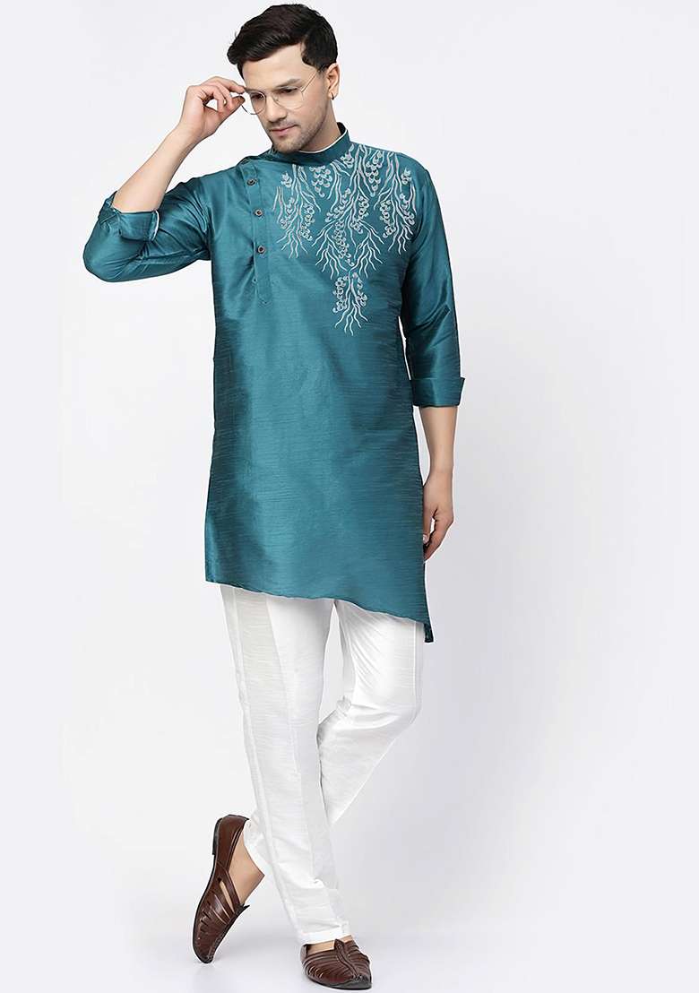 Sea Green Embroidered Silk Blend Kurta Set - Indya