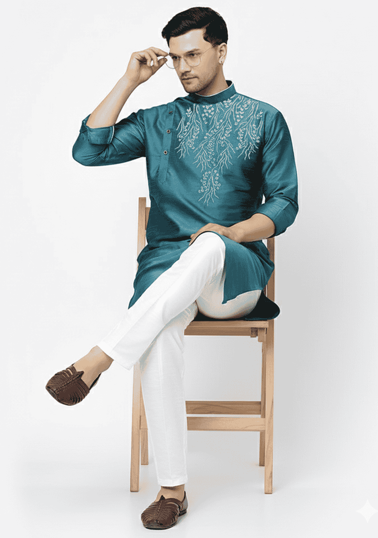 Sea Green Embroidered Silk Blend Kurta Set - Indya