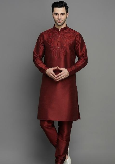 Orange Embroidered Silk Kurta Set